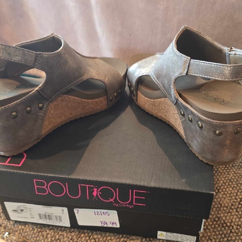 Corkys Metallic Pewter Wedge Sandals - Picture 9 of 9